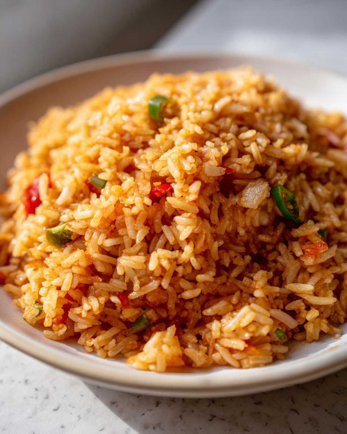 A close-up, bright photo of a mound of fluffy, orange-red Spanish rice mixed with visible pieces of green and red peppers.