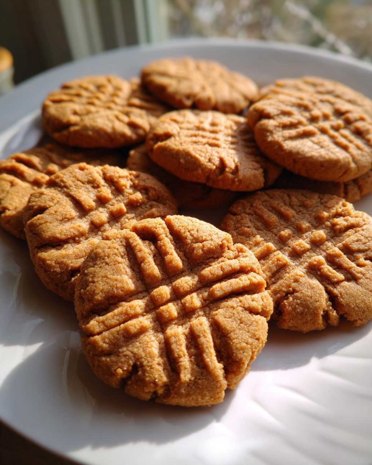 A close-up of several golden brown Easy Peanut Butter Cookies stacked on a white plate, showing classic crisscross fork marks.