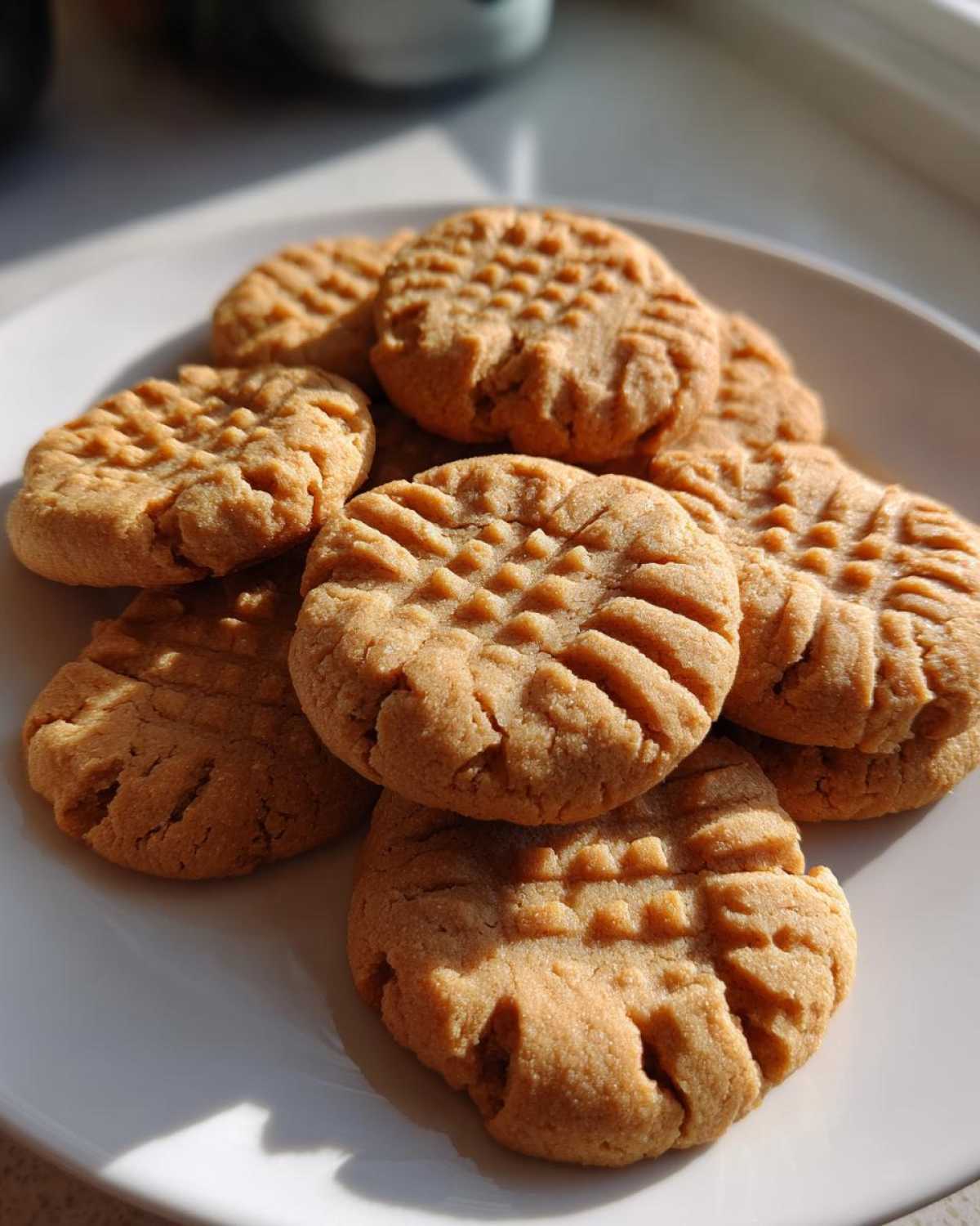 A stack of freshly baked Easy Peanut Butter Cookies showing classic crisscross fork marks on a white plate.