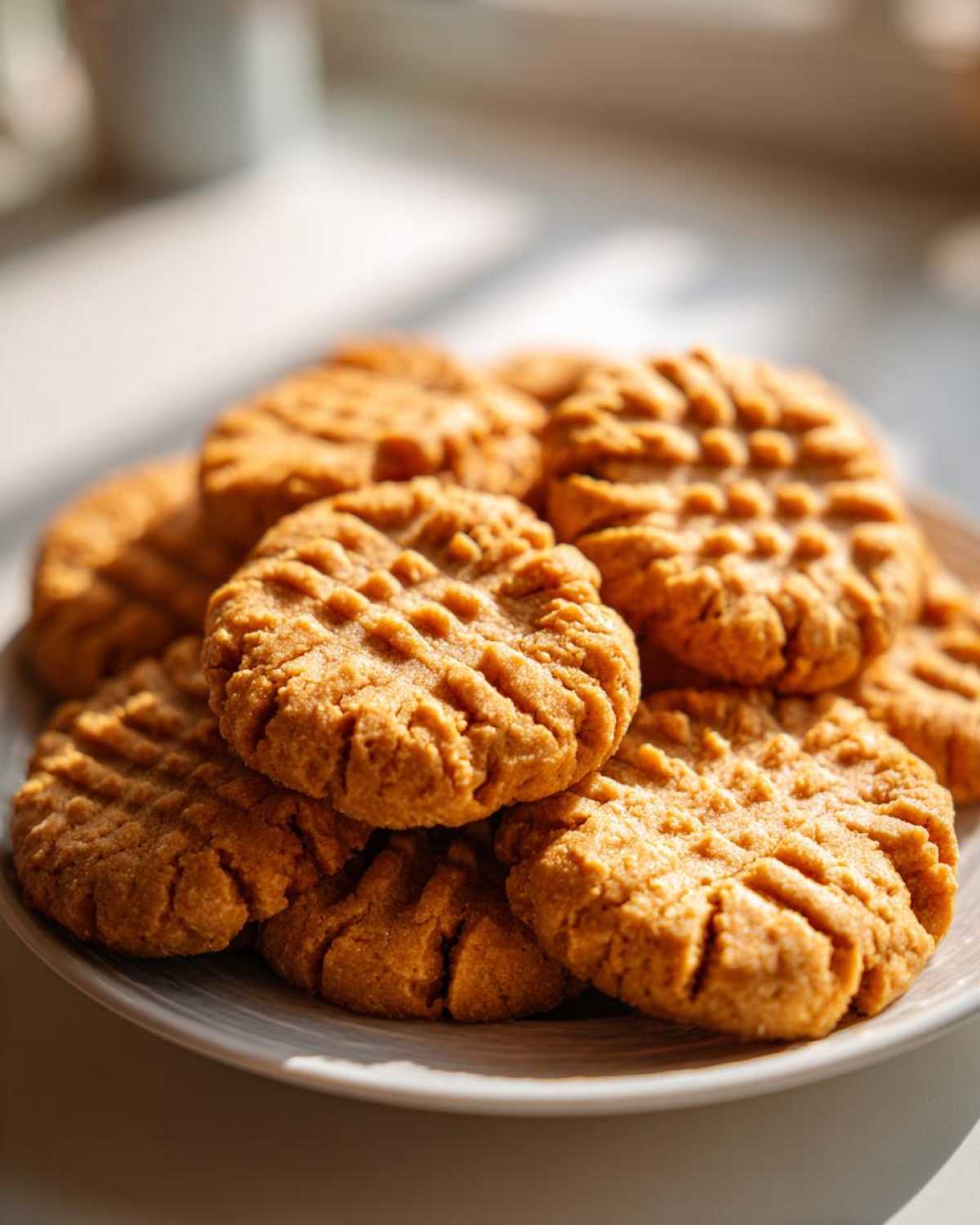 A close-up of several golden brown Easy Peanut Butter Cookies stacked on a white plate, showing classic fork crosshatch marks.
