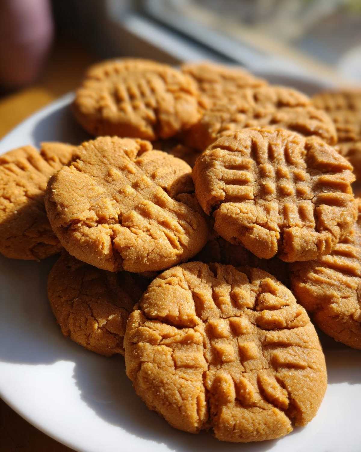 A close-up of several golden brown Easy Peanut Butter Cookies stacked on a white plate, showing classic crisscross fork marks.