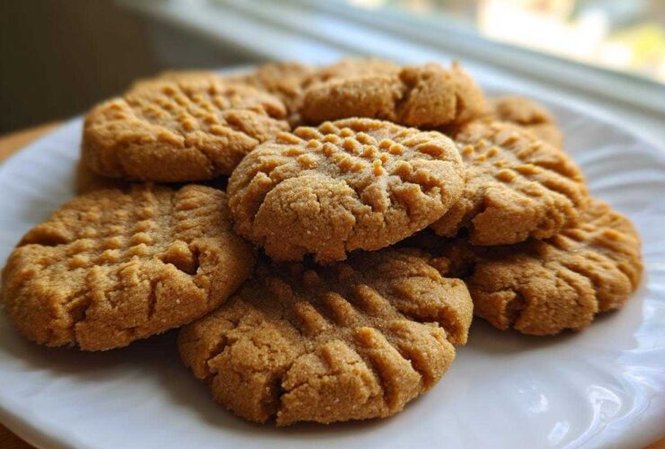 A close-up of several golden brown Easy Peanut Butter Cookies stacked on a white plate, showing classic crosshatch fork marks.