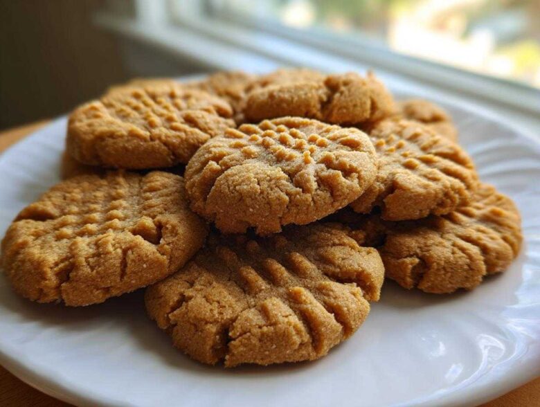 A close-up of several golden brown Easy Peanut Butter Cookies stacked on a white plate, showing classic crosshatch fork marks.