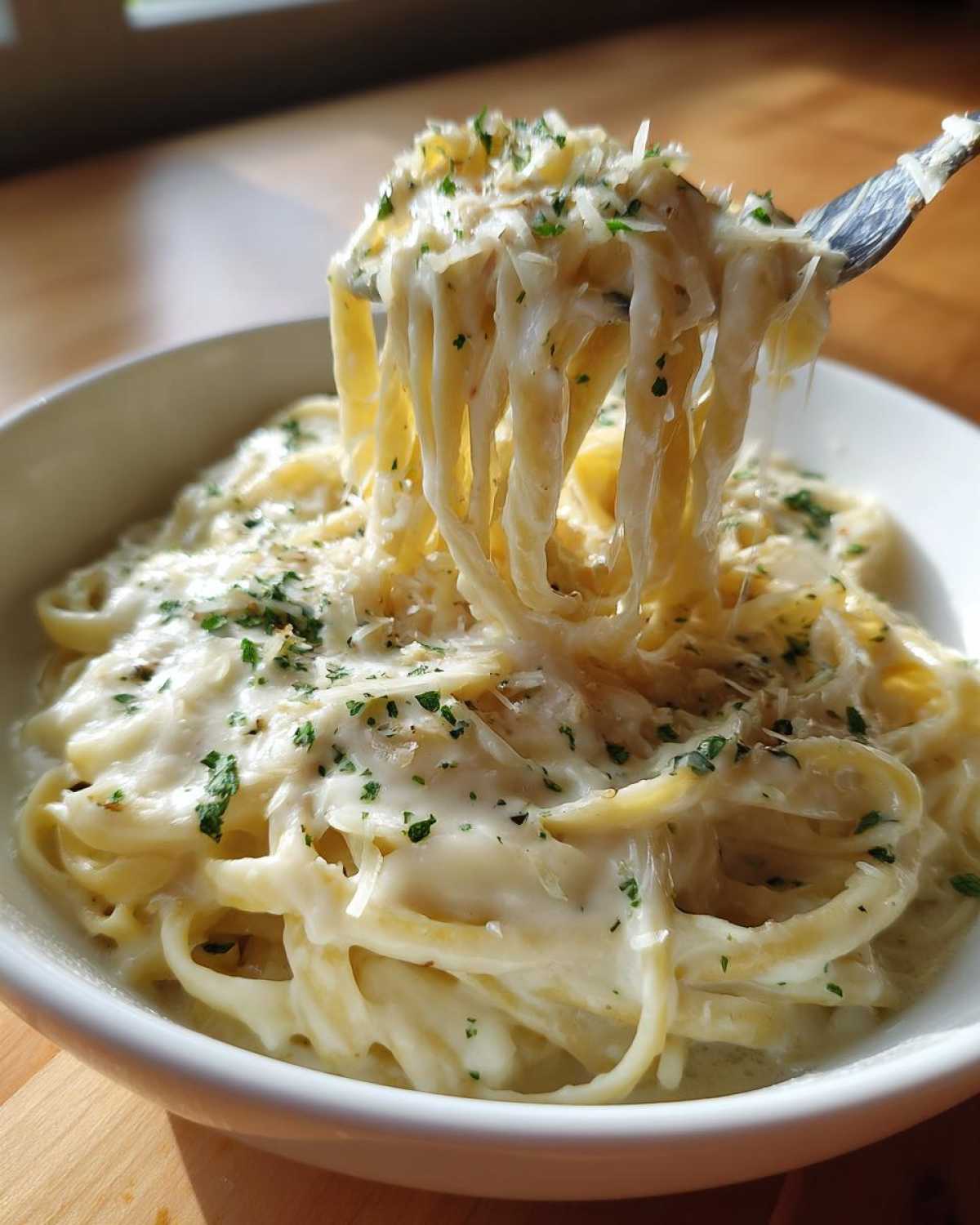 A fork lifting long strands of fettuccine coated in creamy Olive Garden Alfredo Sauce, topped with Parmesan and parsley.