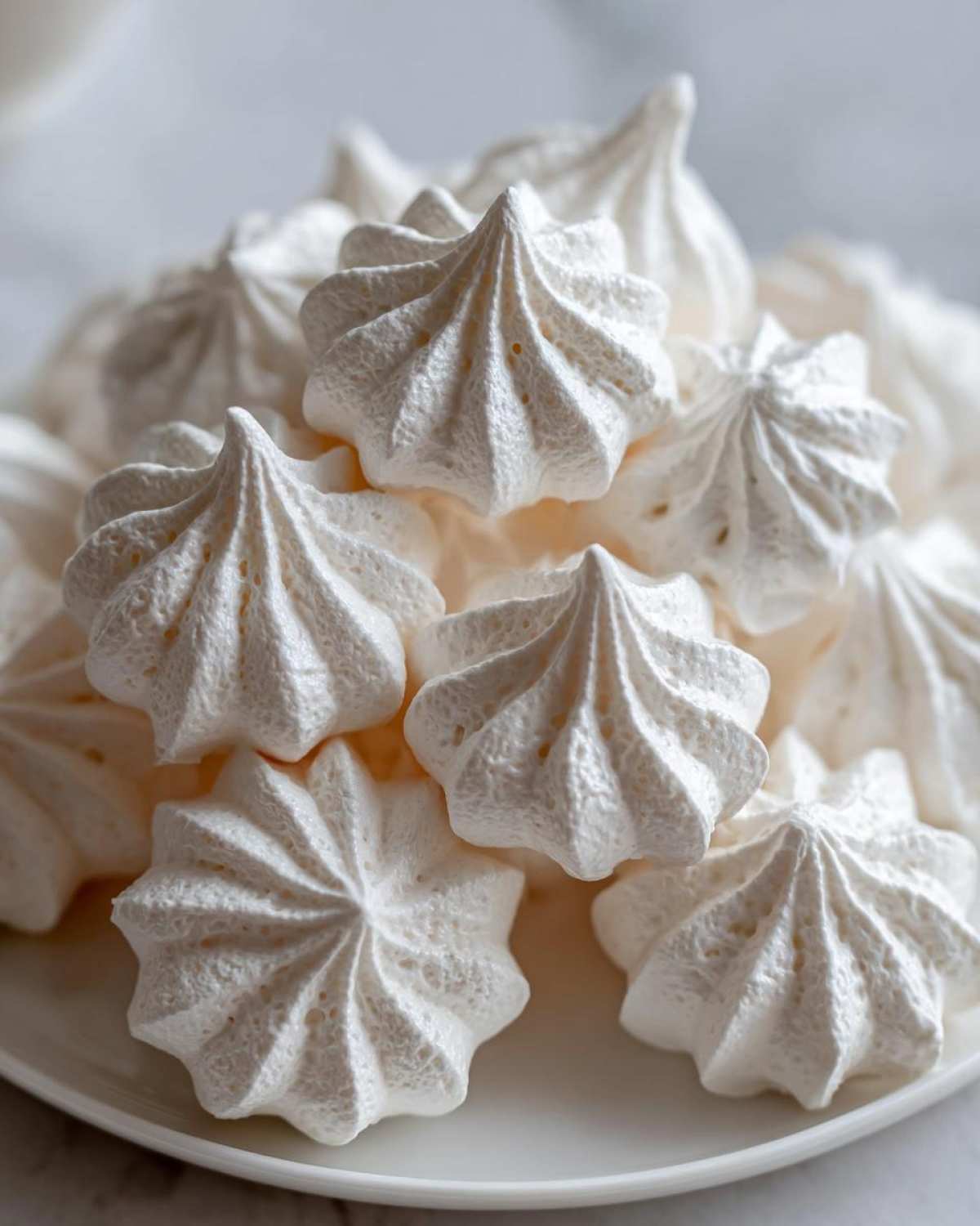 Close-up of a pile of crisp, white meringue cookies piped into star shapes on a white plate.