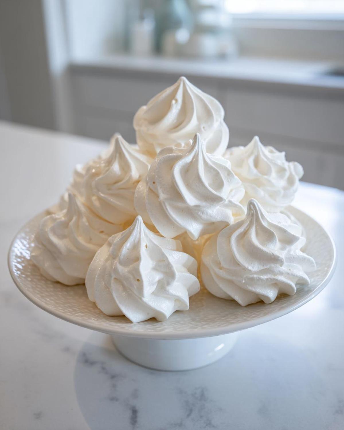 A pile of perfectly piped, glossy white meringue cookies displayed on a white pedestal cake stand.