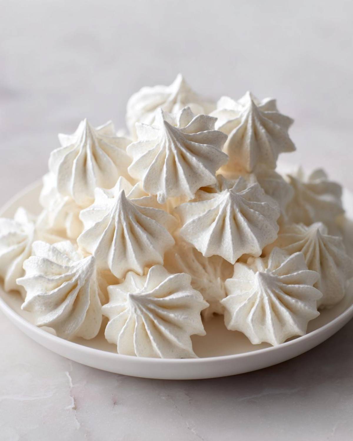 A pile of crisp, white meringue cookies piped into star shapes, displayed on a white plate.