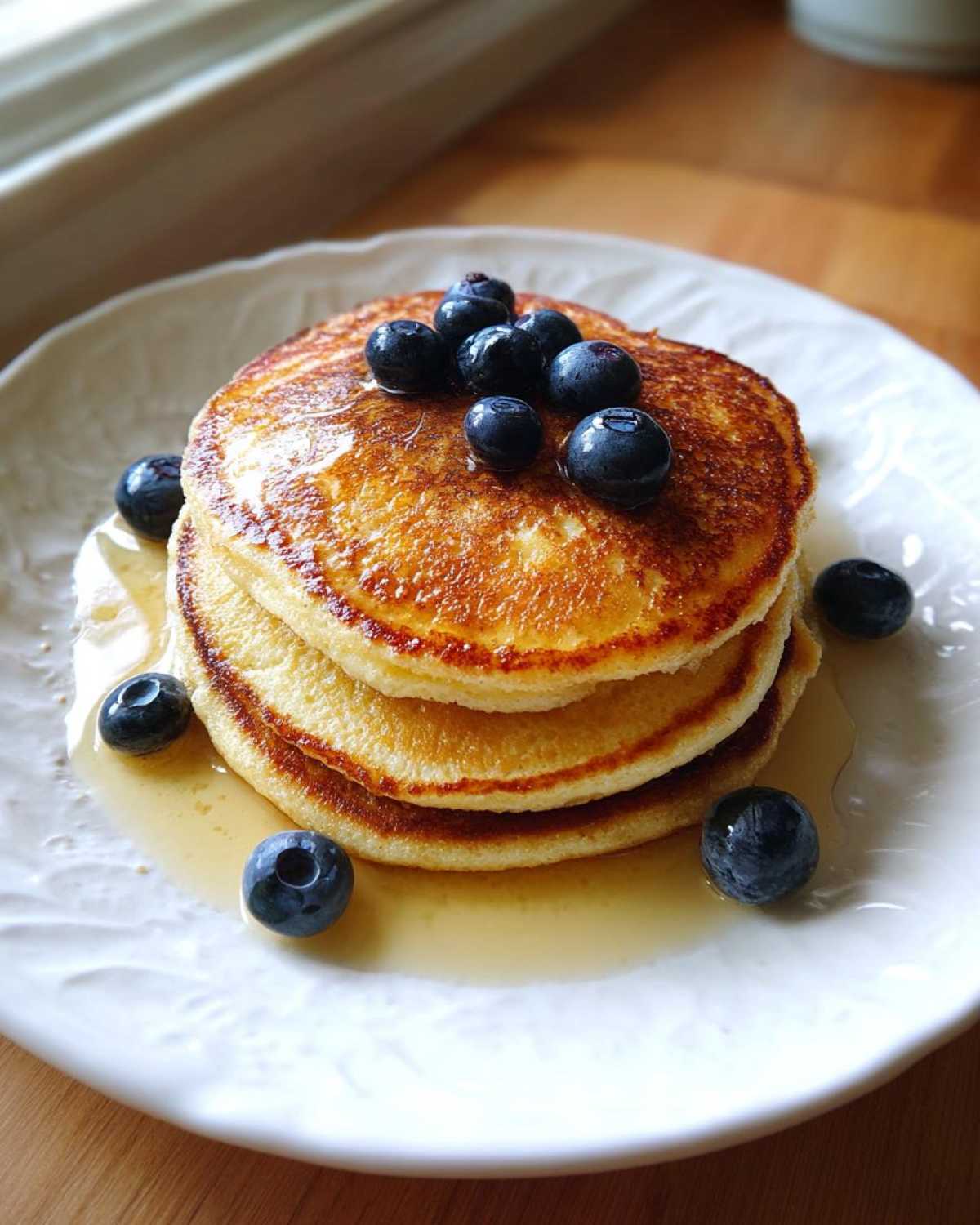 A stack of three fluffy almond flour pancakes drizzled with syrup and topped with fresh blueberries.