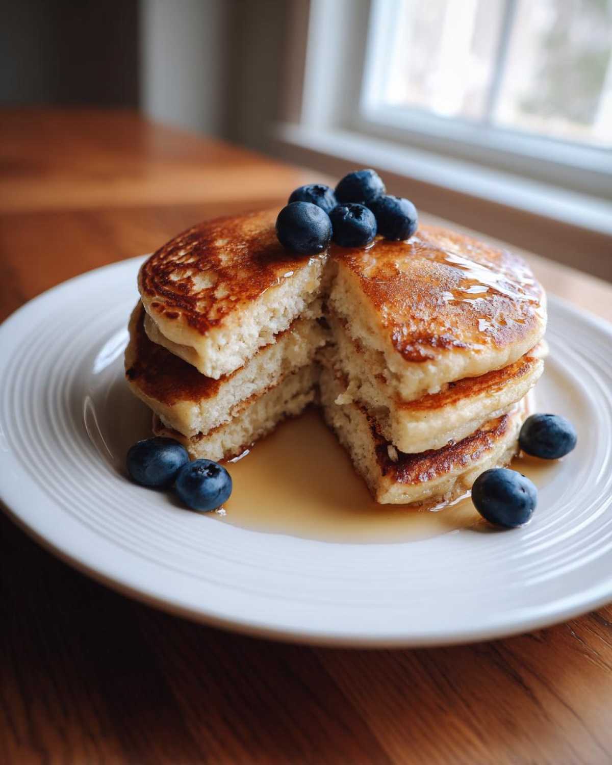 A stack of fluffy almond flour pancakes drizzled with syrup and topped with fresh blueberries, cut open to show the texture.