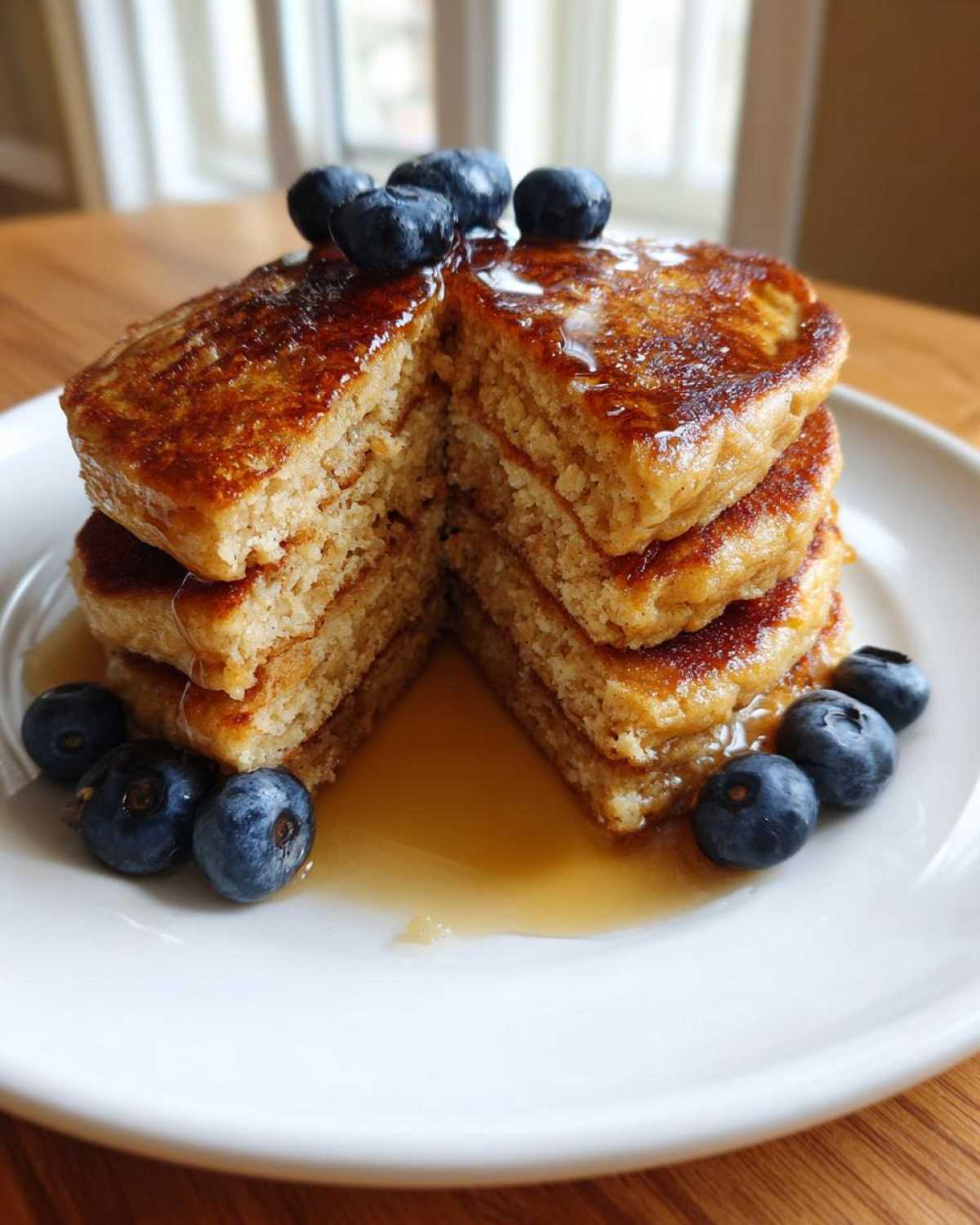 A stack of fluffy almond flour pancakes cut in half, drizzled with syrup and topped with fresh blueberries.