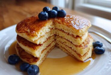 A stack of fluffy almond flour pancakes cut in half, drizzled with syrup and topped with fresh blueberries.