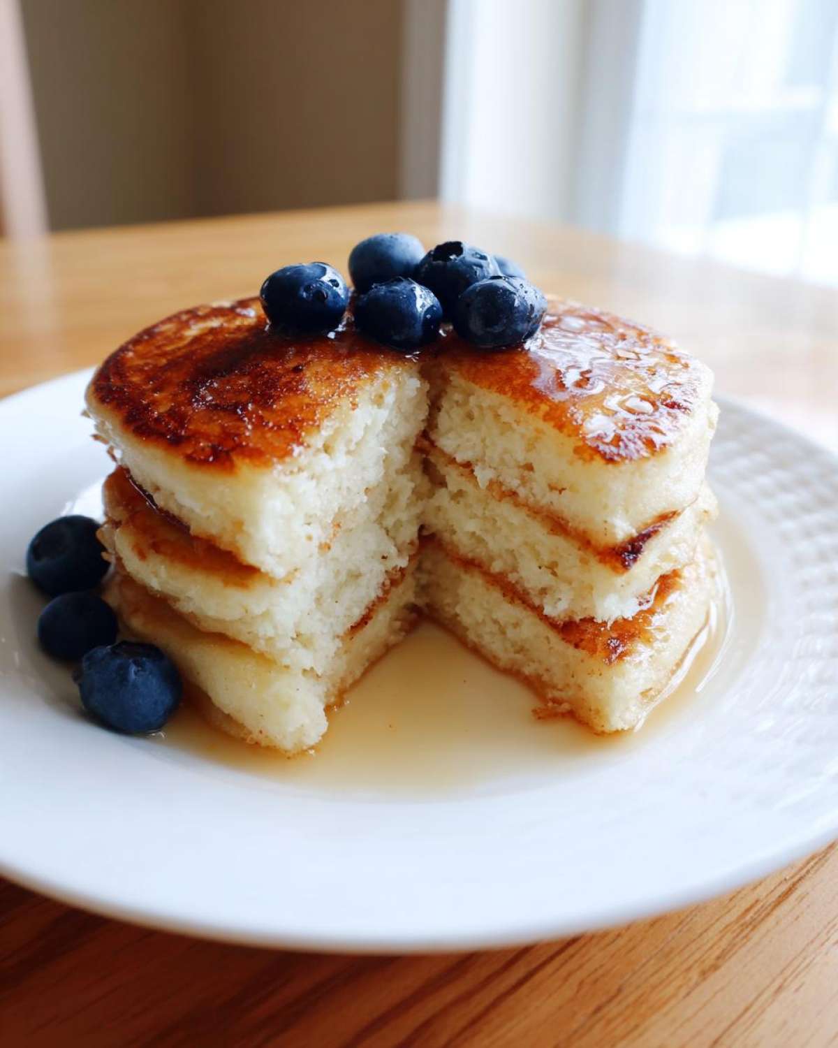 A fluffy stack of almond flour pancakes cut open to show the texture, topped with blueberries and syrup.