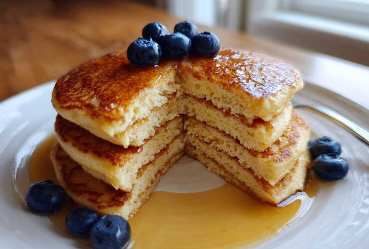 A stack of fluffy almond flour pancakes cut in half, drizzled with syrup and topped with fresh blueberries.
