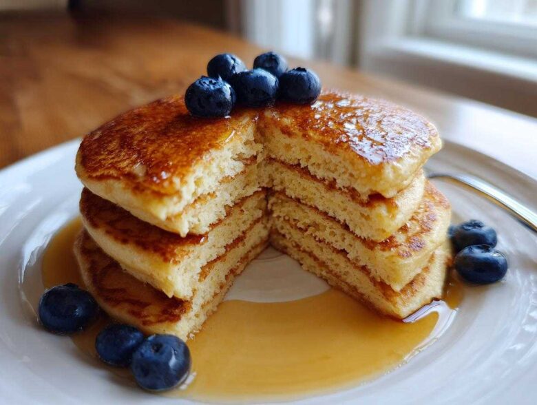 A stack of fluffy almond flour pancakes cut in half, drizzled with syrup and topped with fresh blueberries.