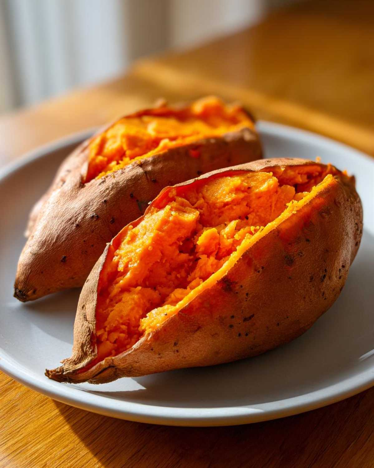Two halves of a perfectly cooked baked sweet potato showing bright orange, fluffy interior on a light plate.