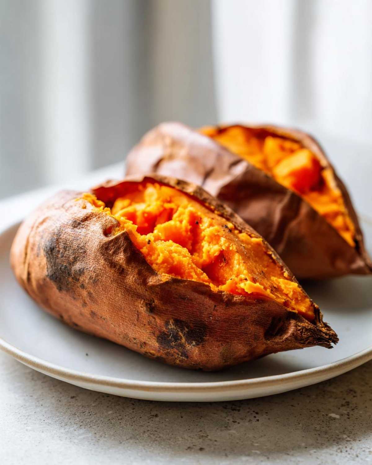 Two perfectly baked sweet potatoes split open to reveal fluffy orange flesh, sitting on a light plate.