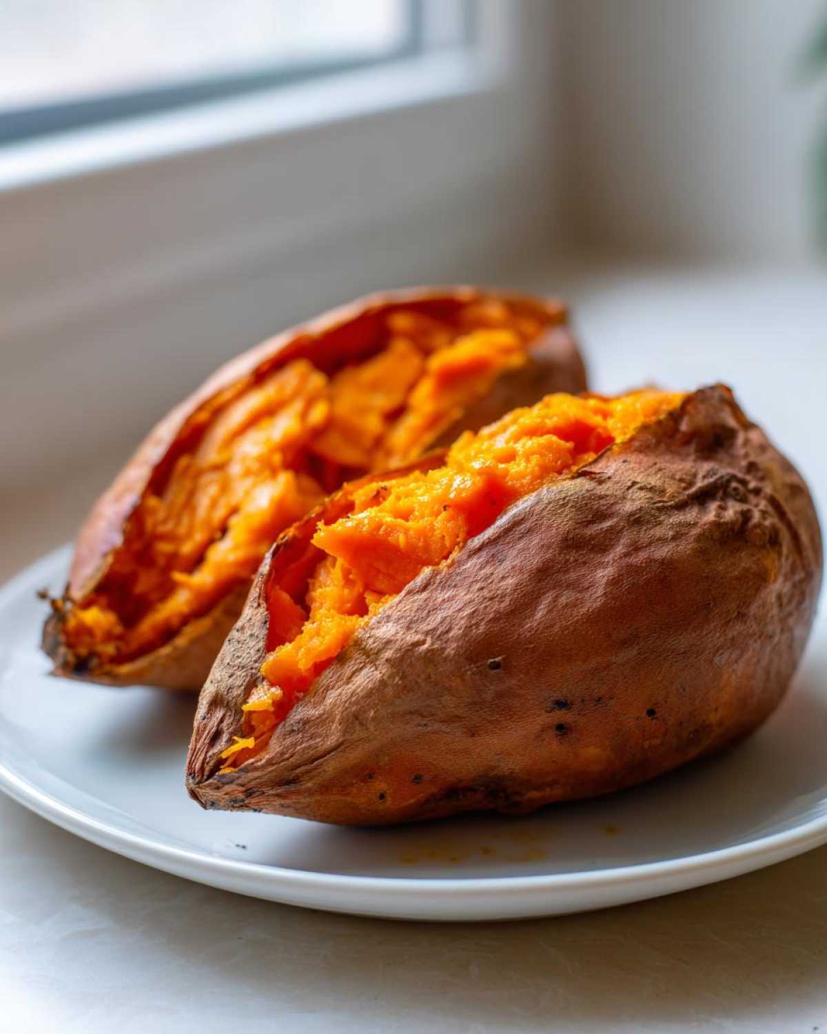 Two halves of fluffy baked sweet potatoes showing bright orange flesh served on a white plate.