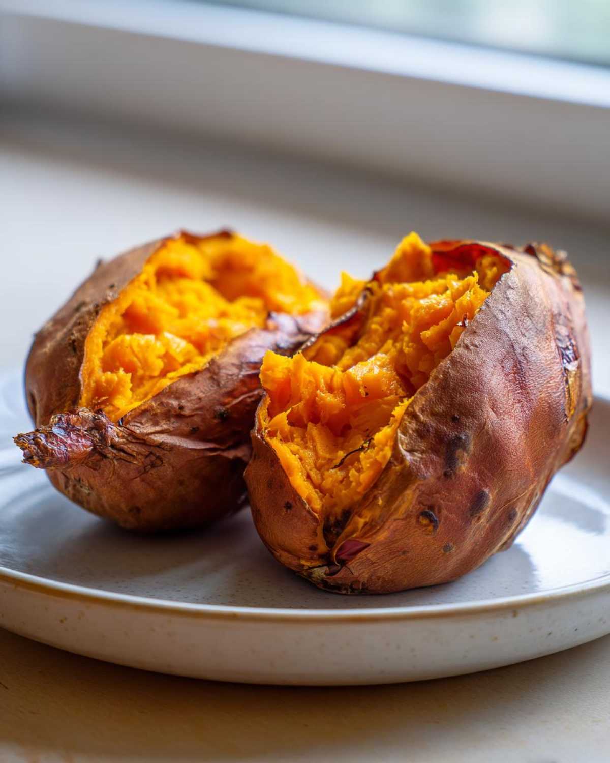 Two perfectly cooked baked sweet potatoes, split open to show the bright orange, fluffy interior.