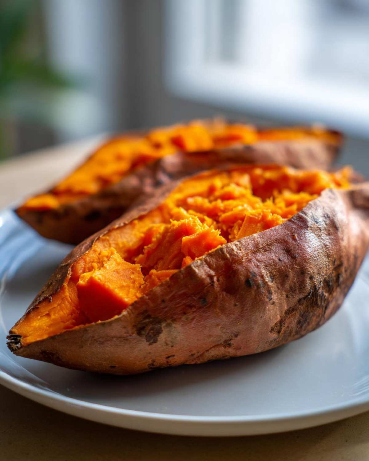 Close-up of two perfectly baked sweet potatoes, split open to show the fluffy, bright orange interior.
