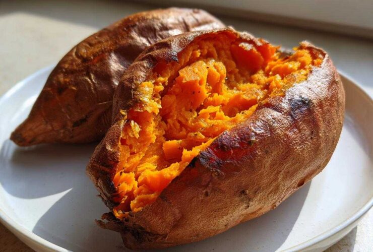 Close-up of two perfectly baked sweet potatoes, one split open revealing fluffy orange flesh.