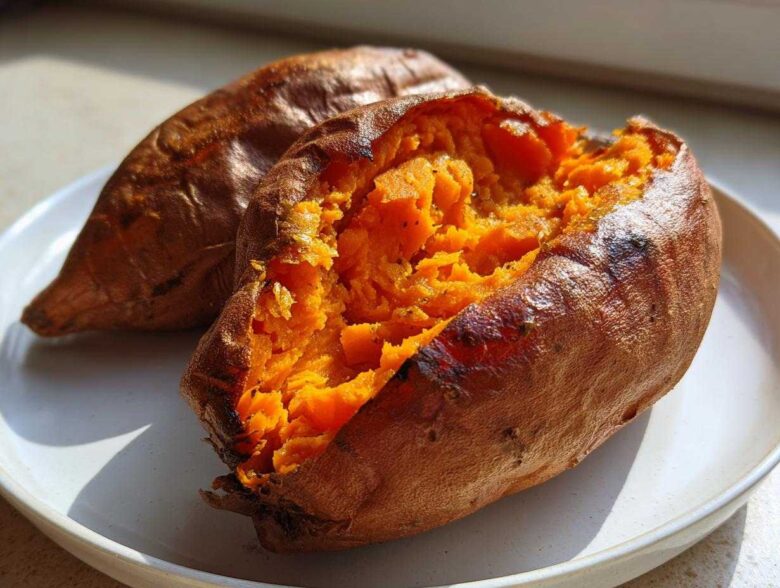 Close-up of two perfectly baked sweet potatoes, one split open revealing fluffy orange flesh.