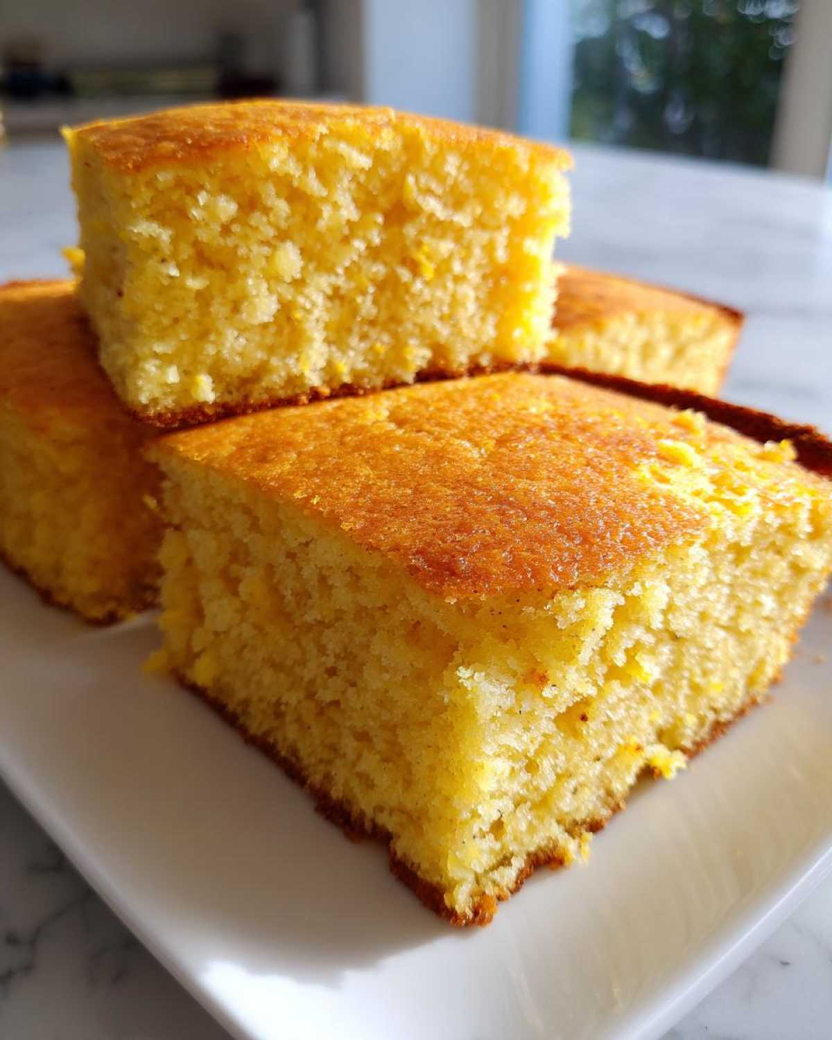 Close-up of several golden squares of fluffy buttermilk cornbread stacked on a white plate.