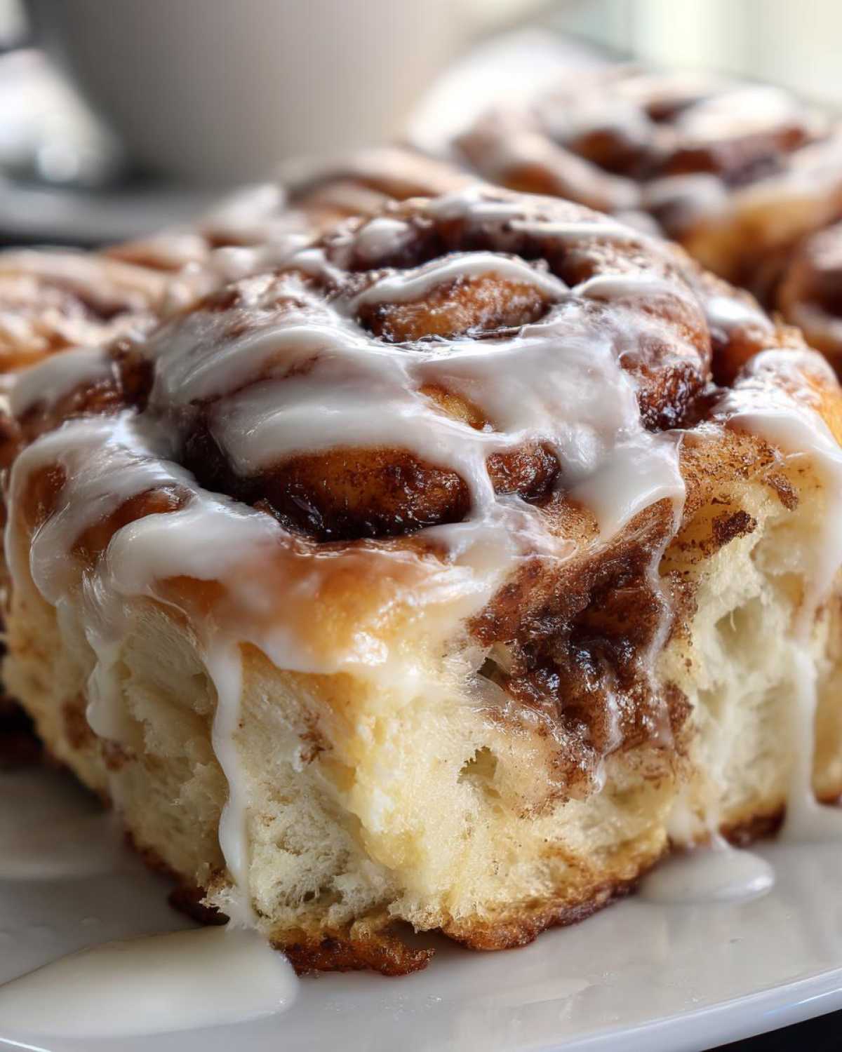 Close-up of a freshly baked, fluffy cinnamon roll dripping with thick white icing.