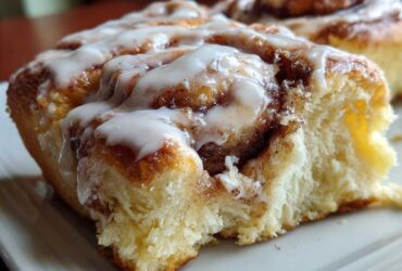 A close-up of a soft, fluffy cinnamon roll generously topped with white cream cheese icing.