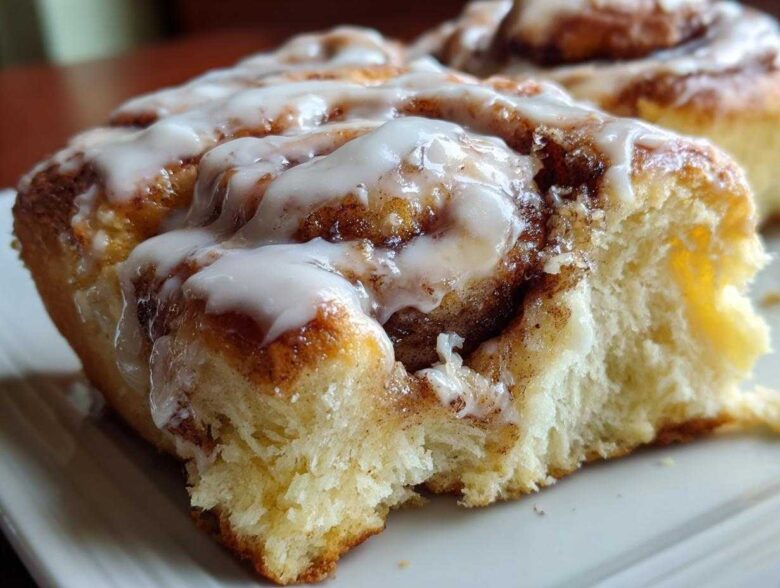 A close-up of a soft, fluffy cinnamon roll generously topped with white cream cheese icing.