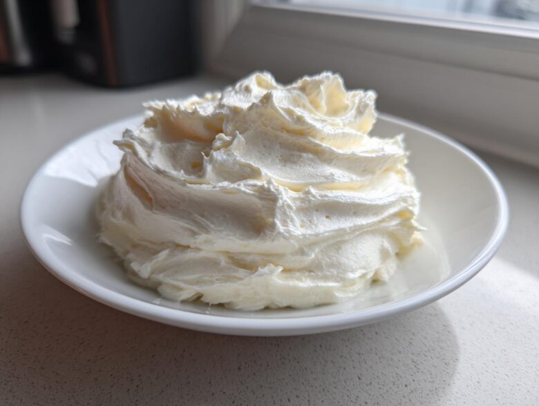 A swirl of fluffy, white cream cheese frosting piled high in a small white bowl.