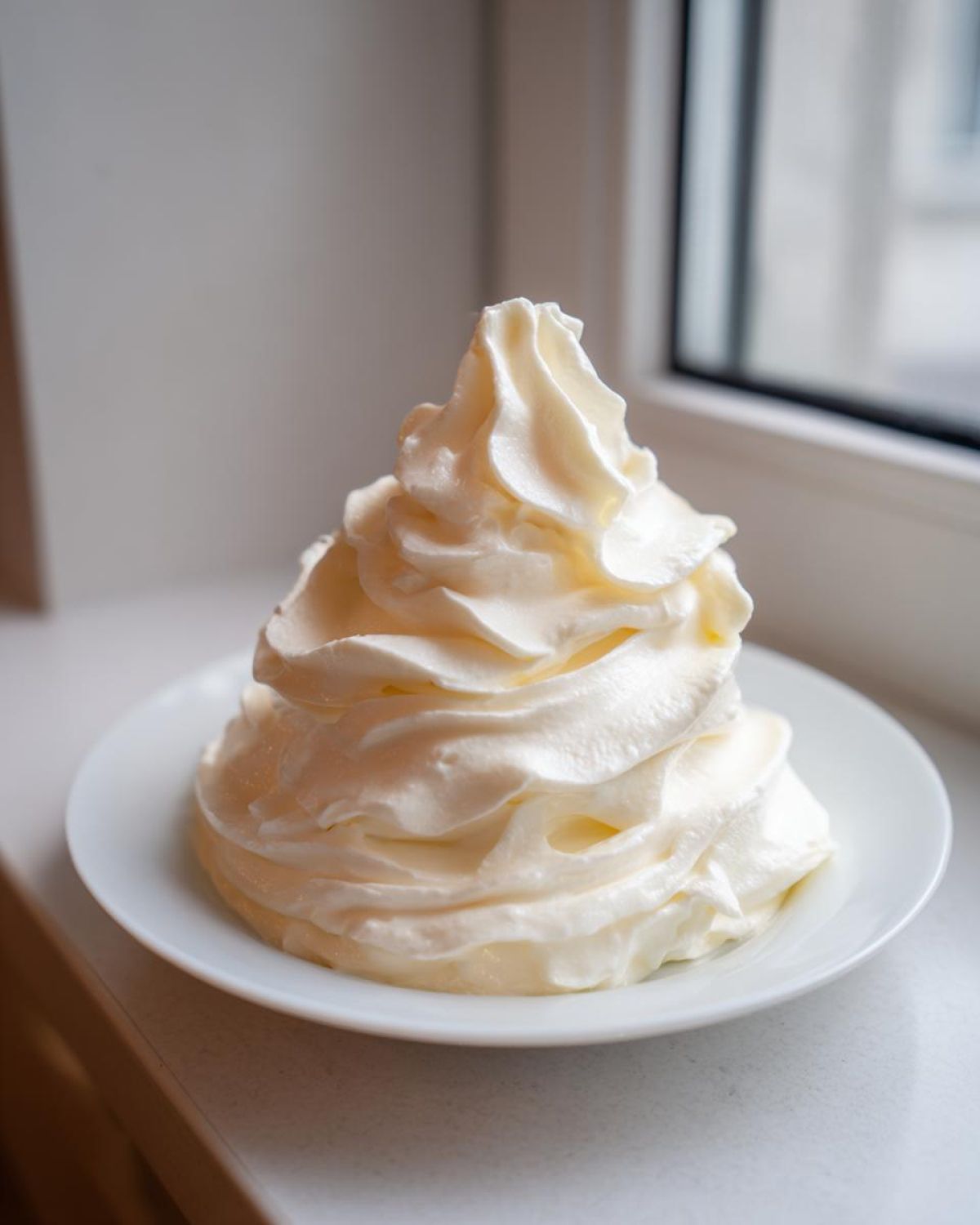 A tall, perfectly piped swirl of light yellow cream cheese frosting sitting on a small white plate.