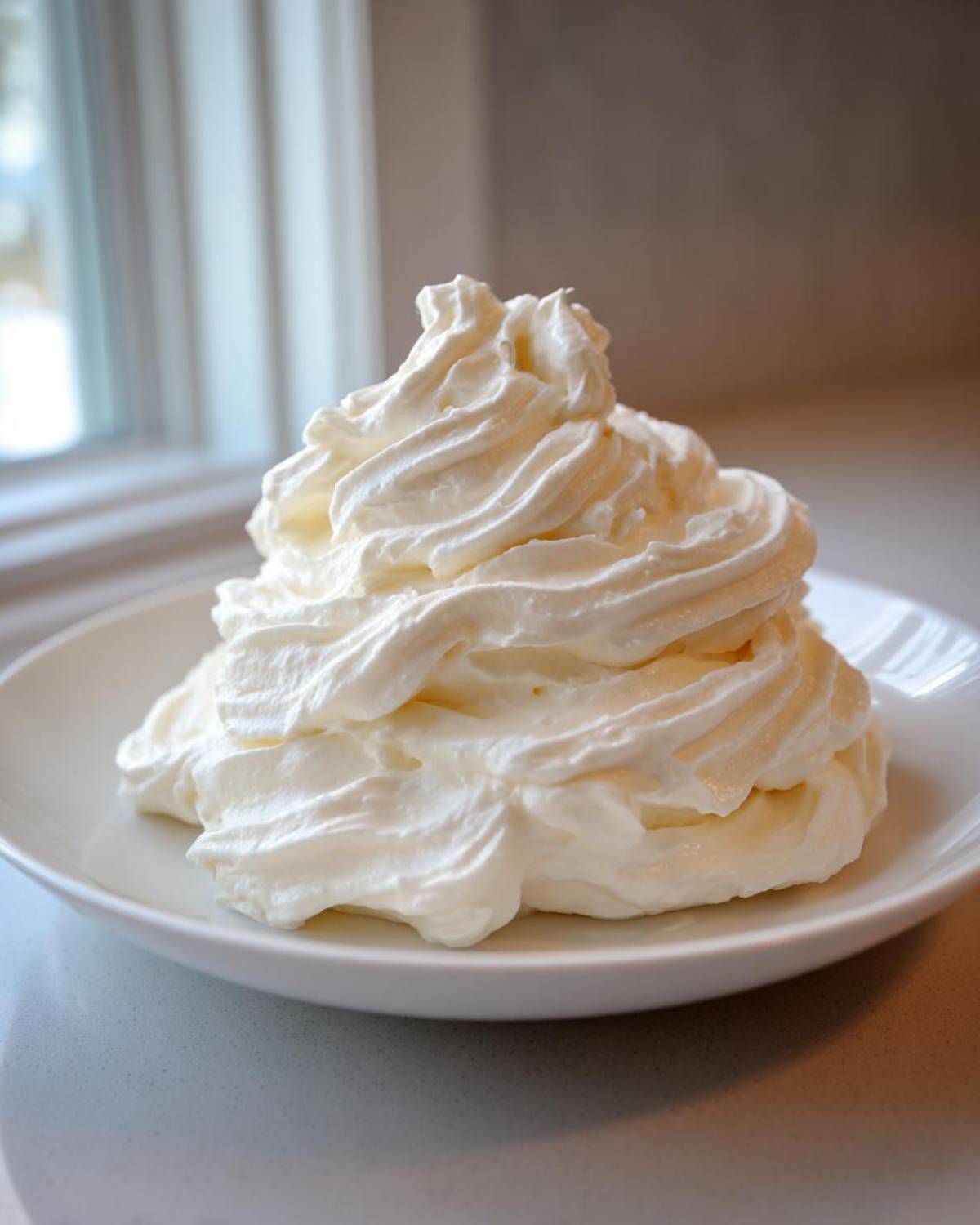 A large swirl mound of fluffy, white cream cheese frosting piled high on a white plate.