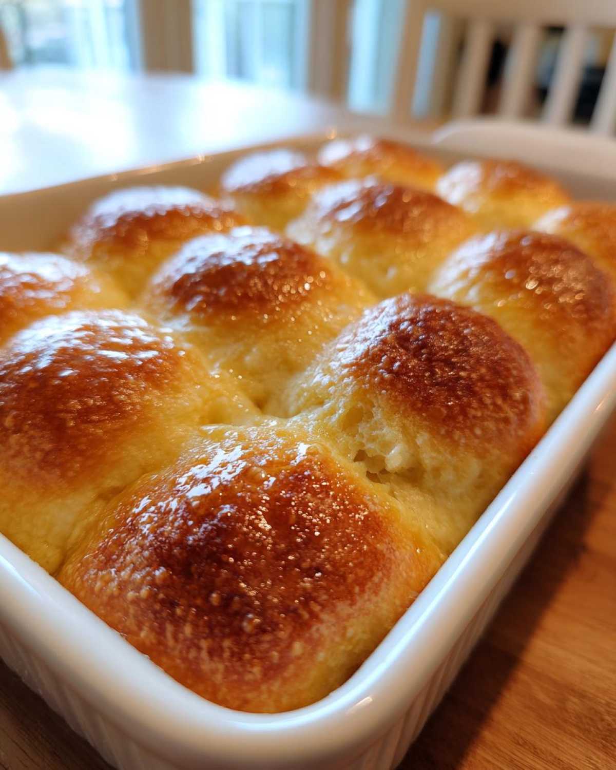 Close-up of golden brown, glossy, fluffy dinner rolls baked together in a white rectangular dish.