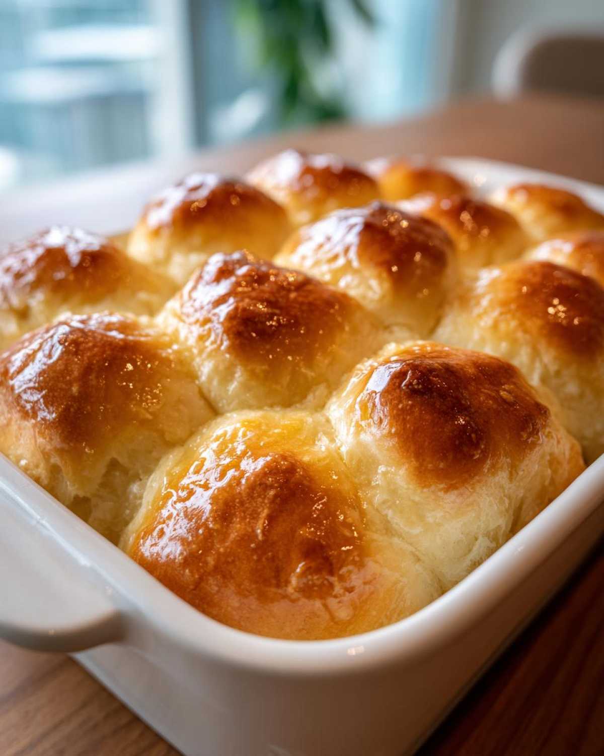 Close-up of golden brown, glistening homemade dinner rolls baked together in a white ceramic dish.