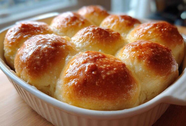 Close-up of golden brown, fluffy dinner rolls baked together in a white dish, glistening with butter glaze.
