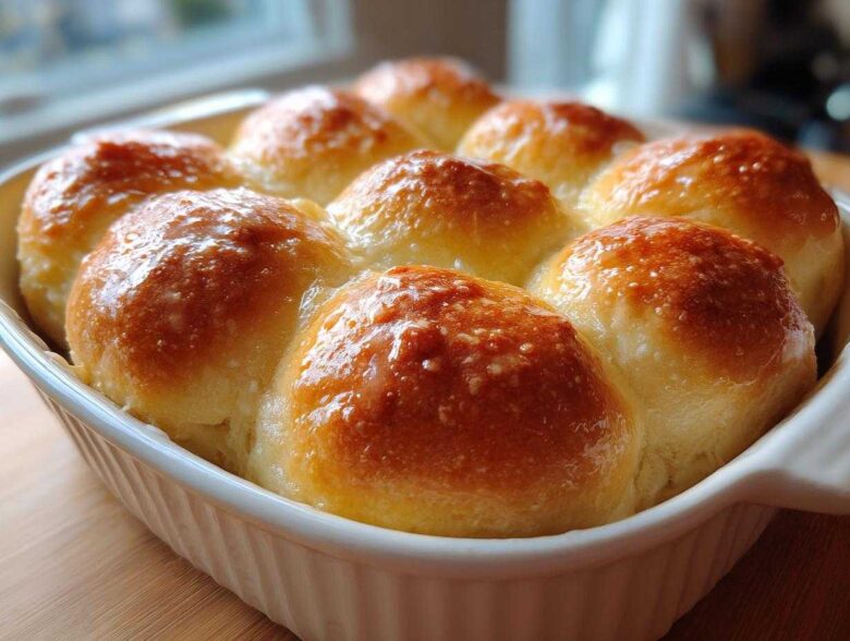 Close-up of golden brown, fluffy dinner rolls baked together in a white dish, glistening with butter glaze.