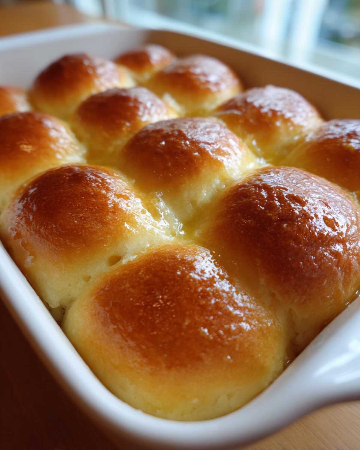 Close-up of golden brown, fluffy dinner rolls baked together and glistening with melted butter.
