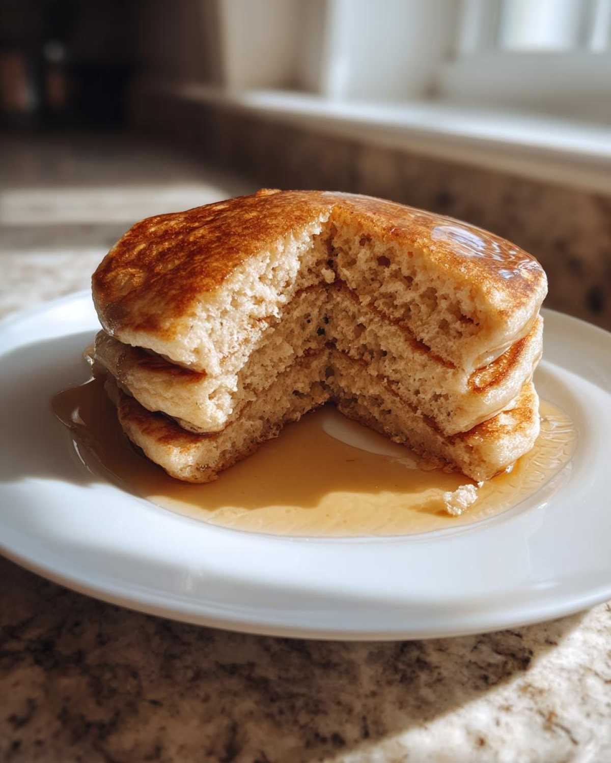 A stack of three fluffy greek yogurt pancakes with a bite taken out, drizzled with maple syrup.