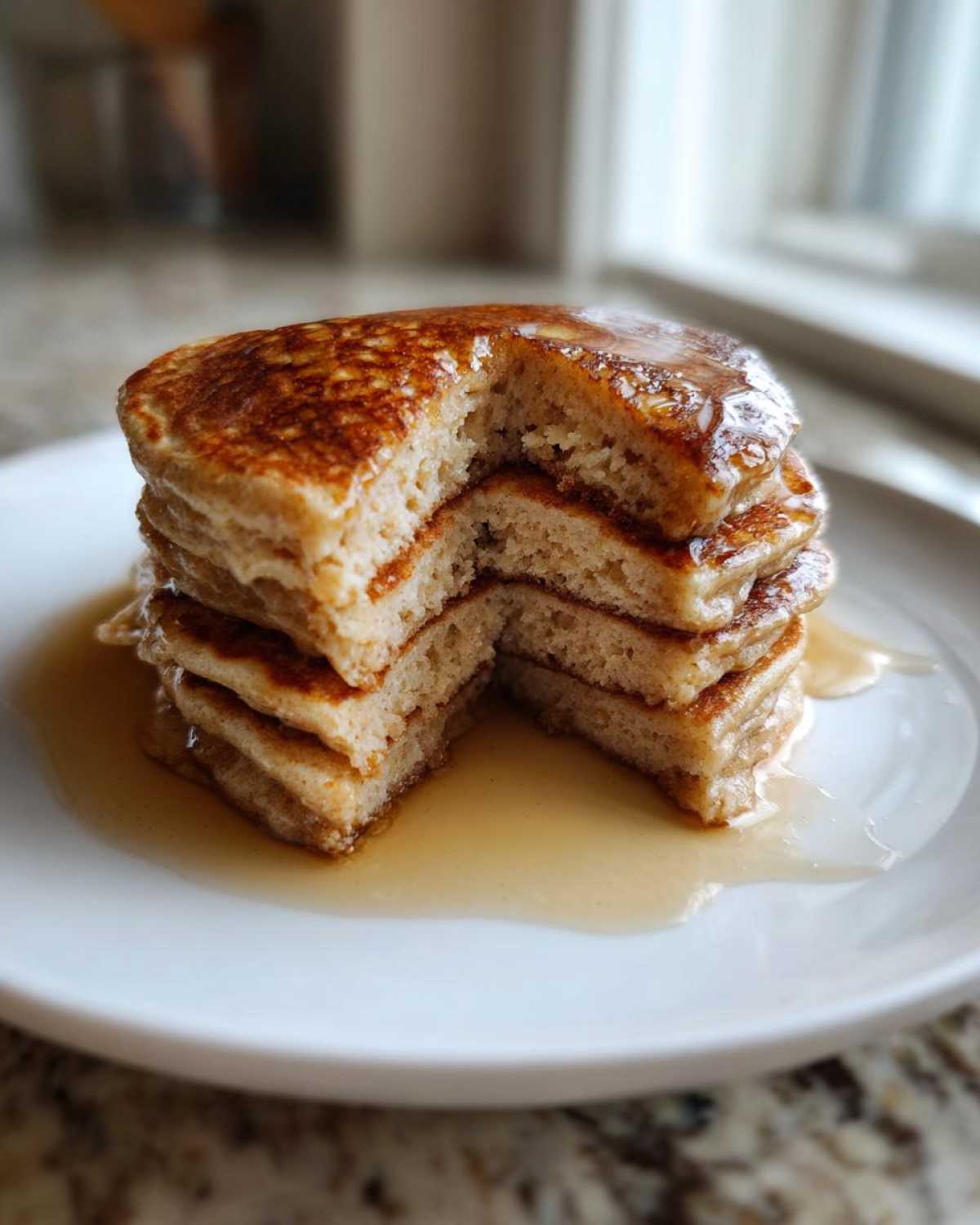 A tall stack of fluffy greek yogurt pancakes with a slice cut out, drizzled generously with maple syrup.