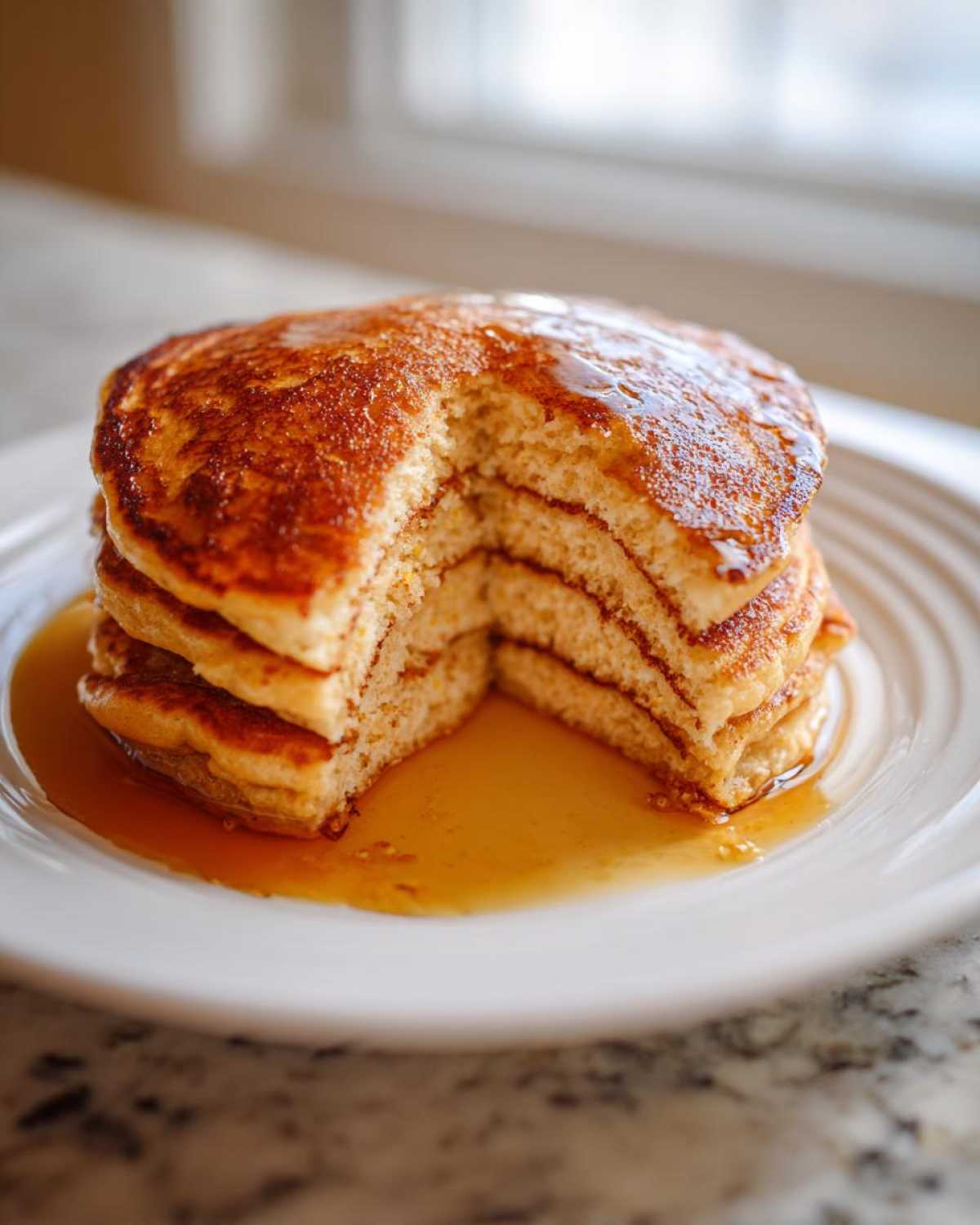 A stack of fluffy greek yogurt pancakes with a slice cut out, drizzled heavily with syrup.