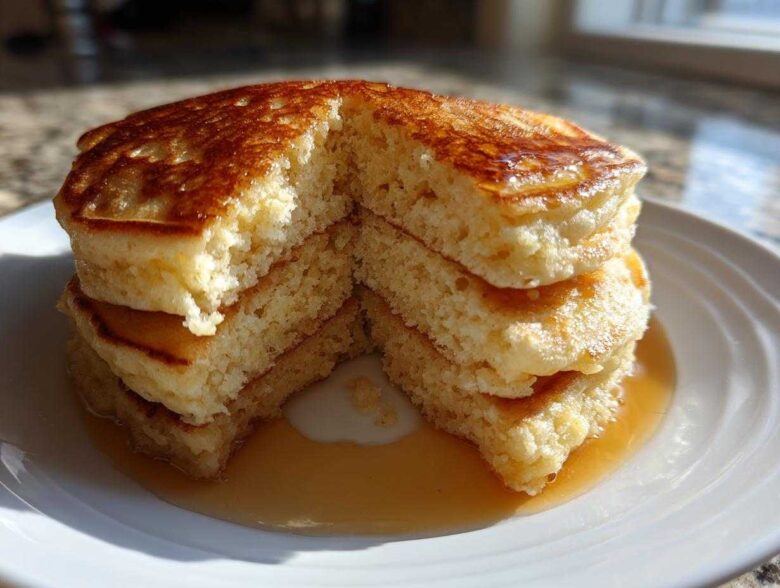 A stack of four fluffy greek yogurt pancakes, cut open to show the texture, drizzled with syrup on a white plate.