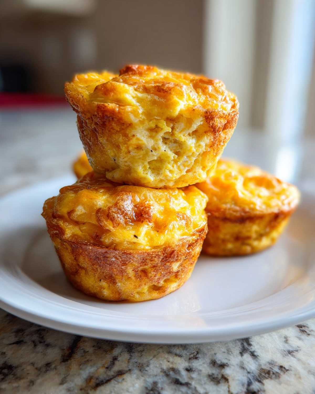 A stack of three golden brown, fluffy muffin tin egg bites resting on a white plate.