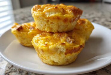Four fluffy muffin tin egg bites stacked on a white plate, showing a golden-brown, cheesy top.
