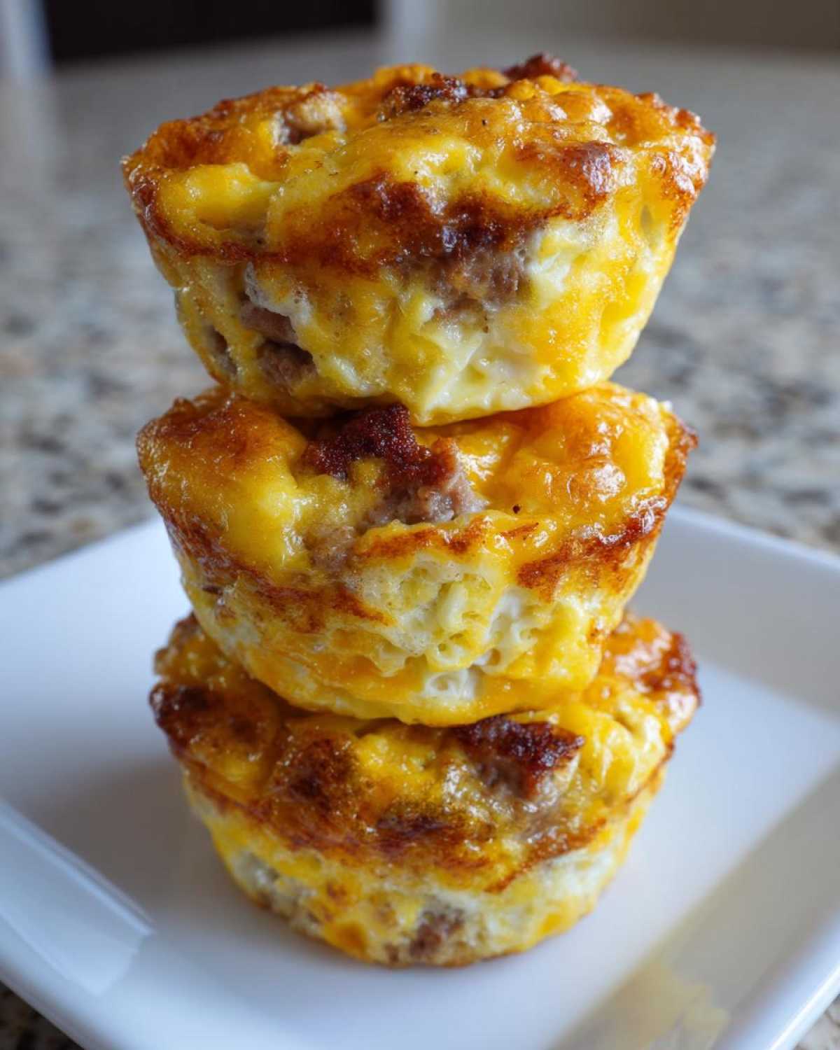 A stack of three golden-brown muffin tin egg bites, filled with visible sausage and cheese.
