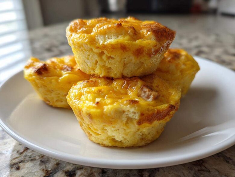 Four fluffy muffin tin egg bites stacked on a white plate, showing a golden-brown, cheesy top.