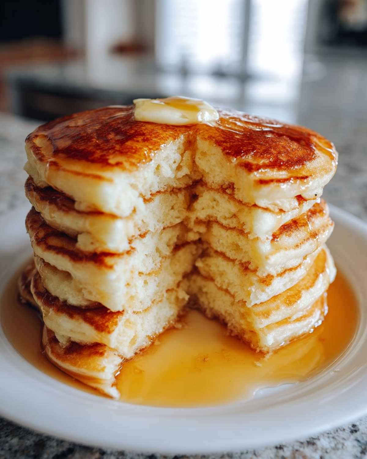 A tall stack of incredibly fluffy pancakes cut open to show the airy interior, topped with melting butter and syrup.