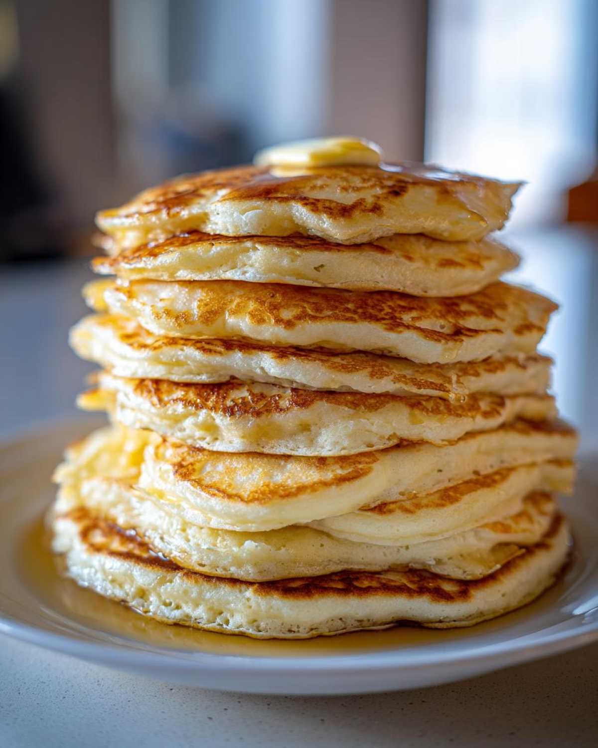 A tall stack of golden brown, fluffy pancakes topped with melting butter and syrup.
