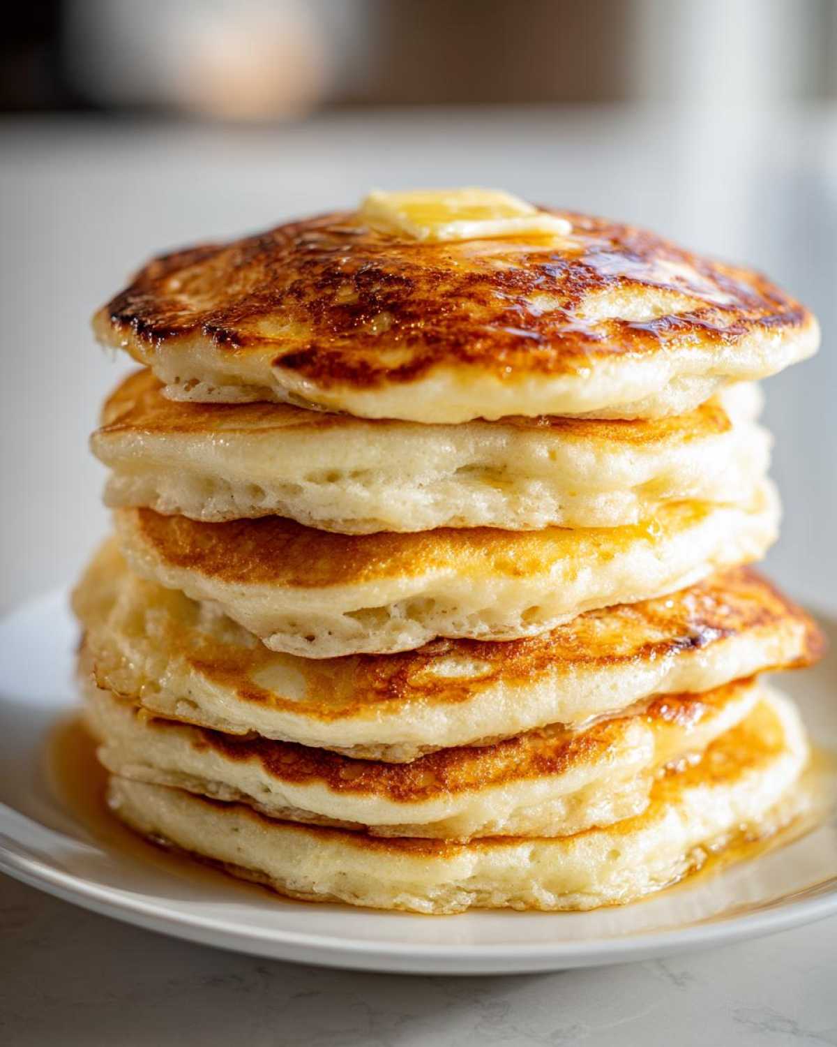 A tall stack of five incredibly fluffy pancakes topped with melting butter and syrup.