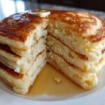 Close-up of a tall stack of fluffy pancakes, cut to show the airy interior, topped with melting butter and syrup.