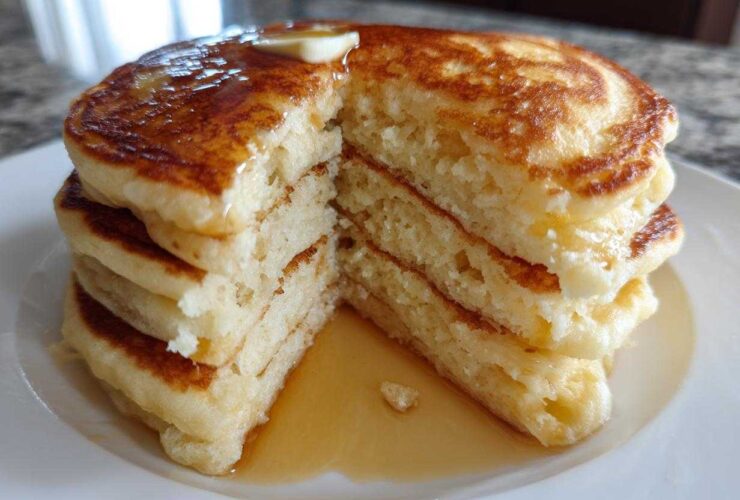 Close-up of a tall stack of fluffy pancakes, cut to show the airy interior, topped with melting butter and syrup.